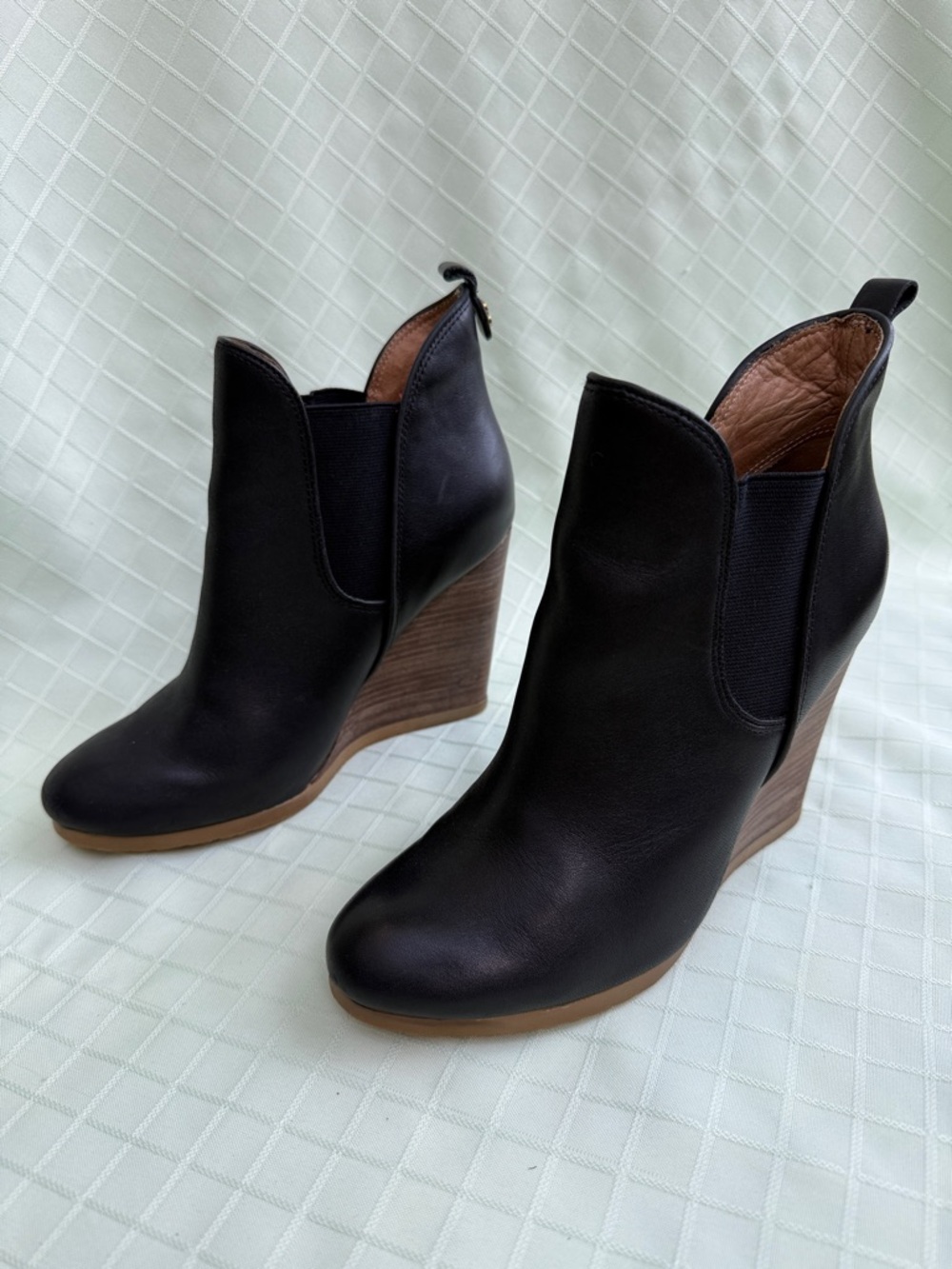 Coach Black Leather Wedge Booties with Wood-Effect Heel